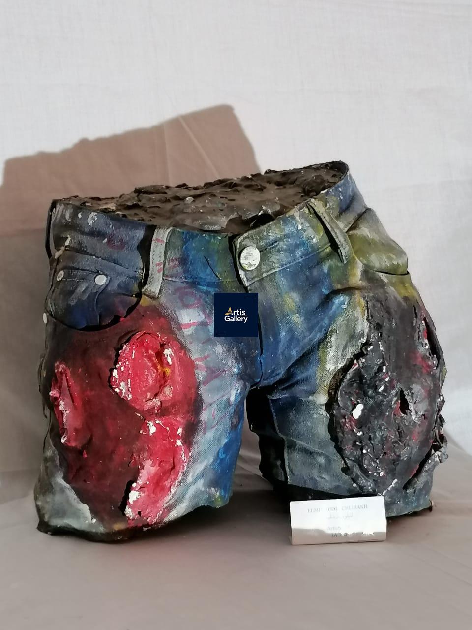 "Sculpture jean recyclé contemporaine Jean Métamorphose Elmiloudia Chlibakh denim multicolore"